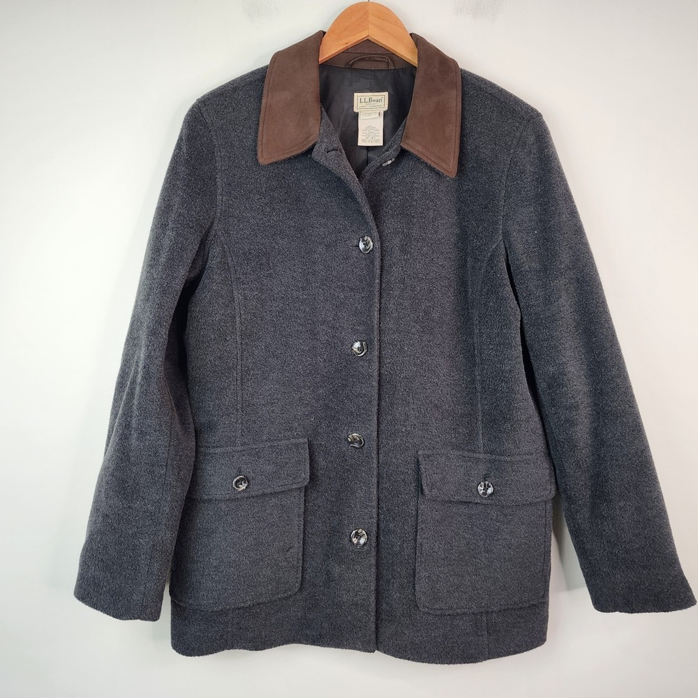 LL Bean Barn Jacket Women's Large Petite Gray Wool Utility Chore Coat
